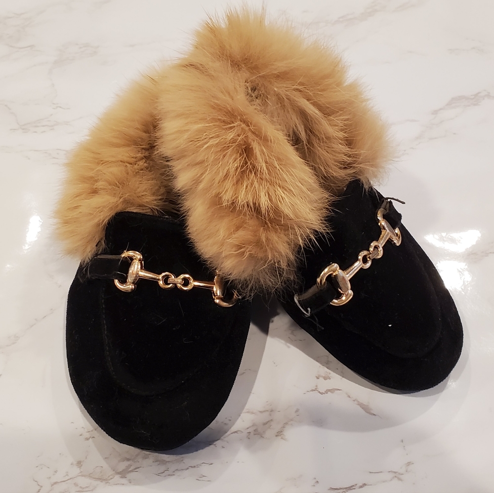 Fur Slippers with Black Velvet top and rubber soles - Toddler size 9-10